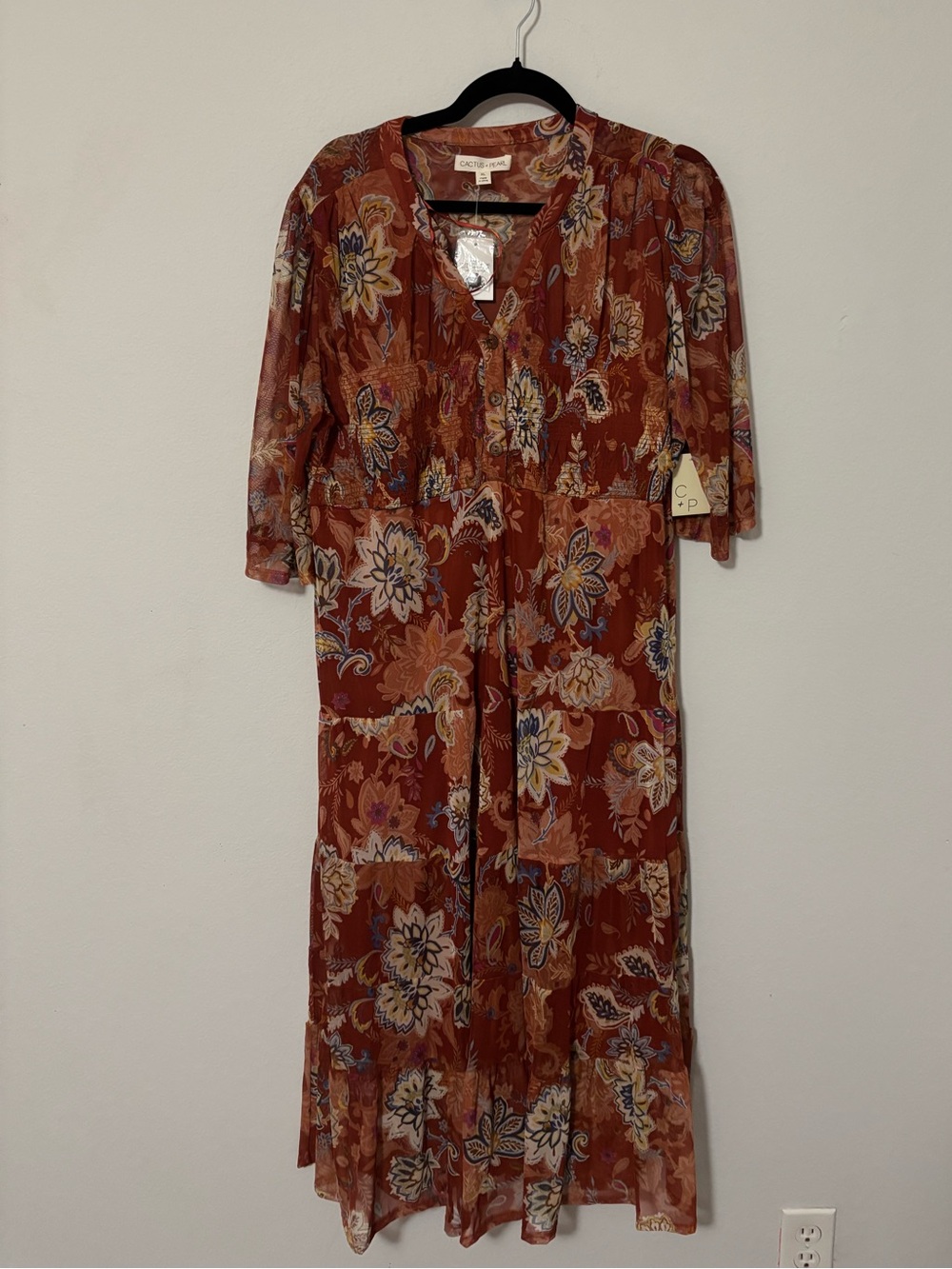 Cactus + Pearl Rust Paisley Tiered Midi Dress XL